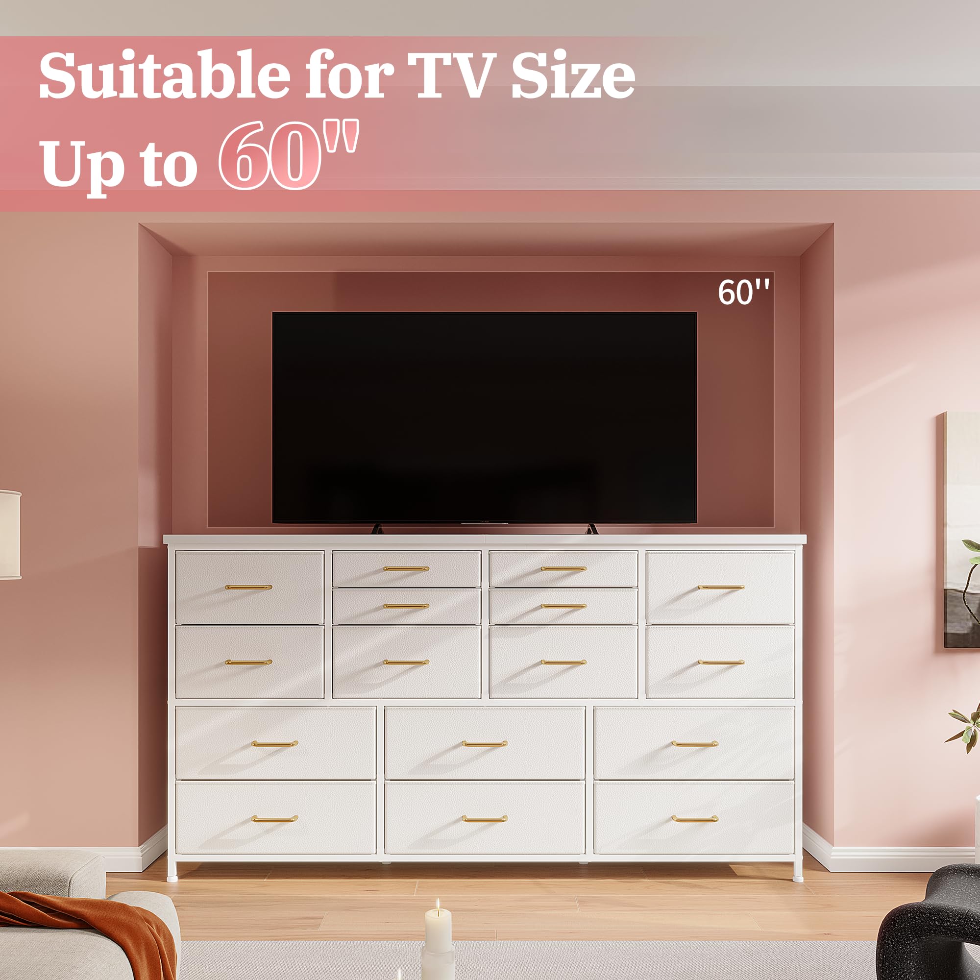 Modern White Dresser TV Stand with Power Outlets for 60