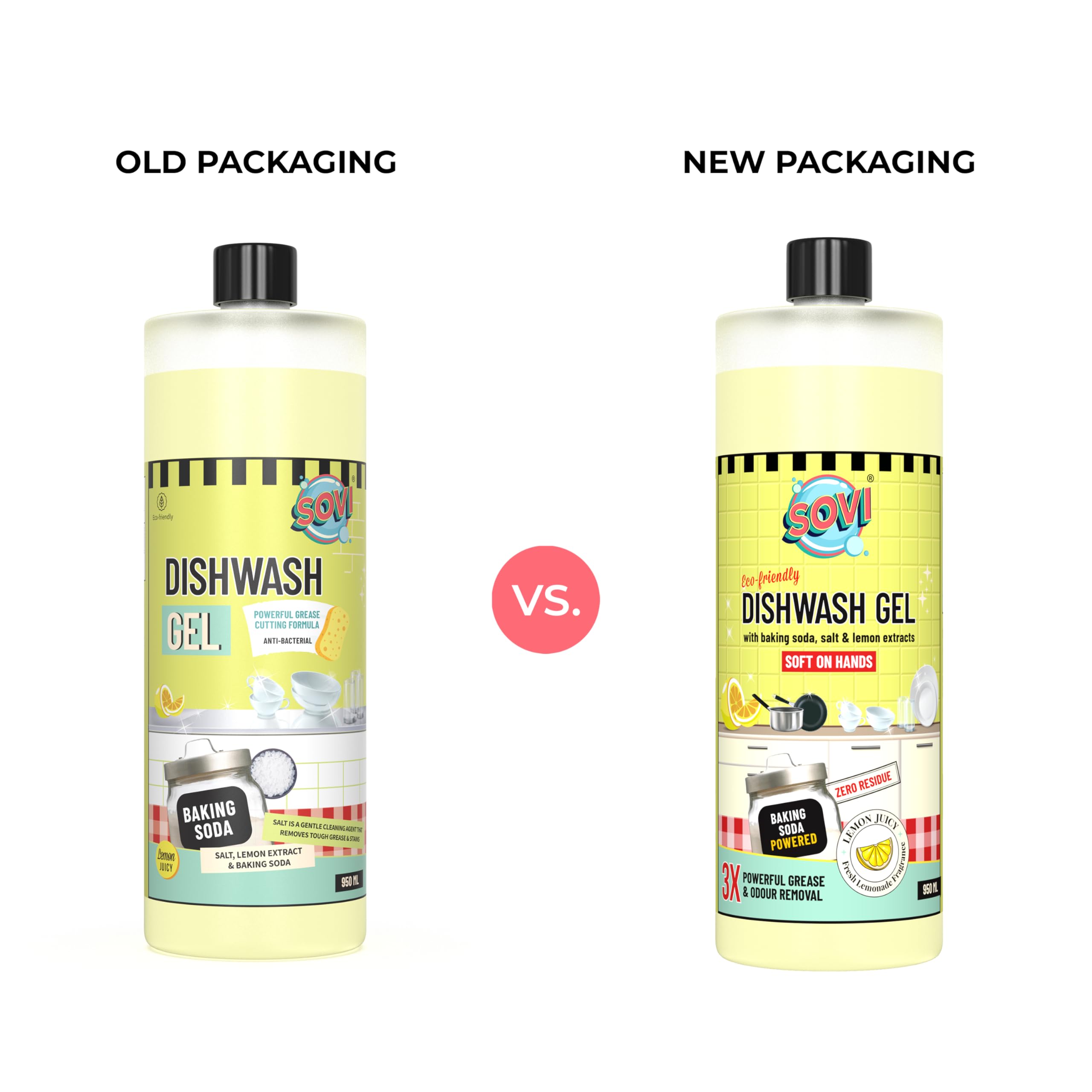 SOVI Dishwashing Liquid - Tough Grease Remover, Antibacterial & Odor Eliminator with Baking Soda, Salt & Lemon Extract - Safe for Kids & Pets - 950ml (1 Pack) - Perfect for Kitchen Cleaning, Pots, Pans & Utensils