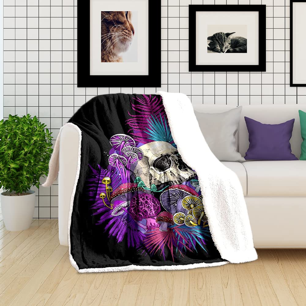 Gothic Mushroom Skull Throw Blanket - Ultra Soft Plush Fleece & Sherpa Blanket (90x90 Inches) for Couch, Sofa & Bed - Perfect for Halloween Decor, Cozy Movie Nights & Gothic Home Decor