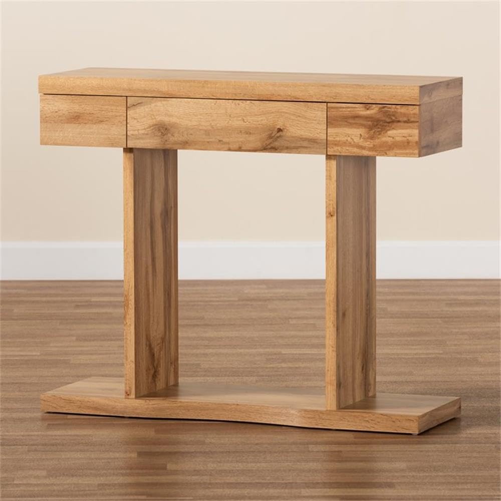 BOWERY HILL Oak Brown Finished Wood 3-Drawer Console Table - Entryway Sofa Table, Hallway Furniture, Living Room Storage Solution for Small Spaces