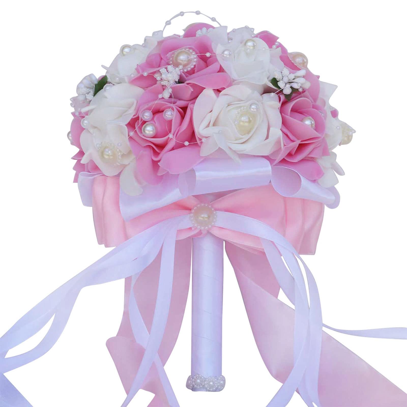 Elegant Wedding Bouquet - Silk Pearl Rose Bridal Bouquet for Bride, Bridesmaids & Flower Girls | Perfect for Wedding Ceremony, Reception & Photography (Pink)