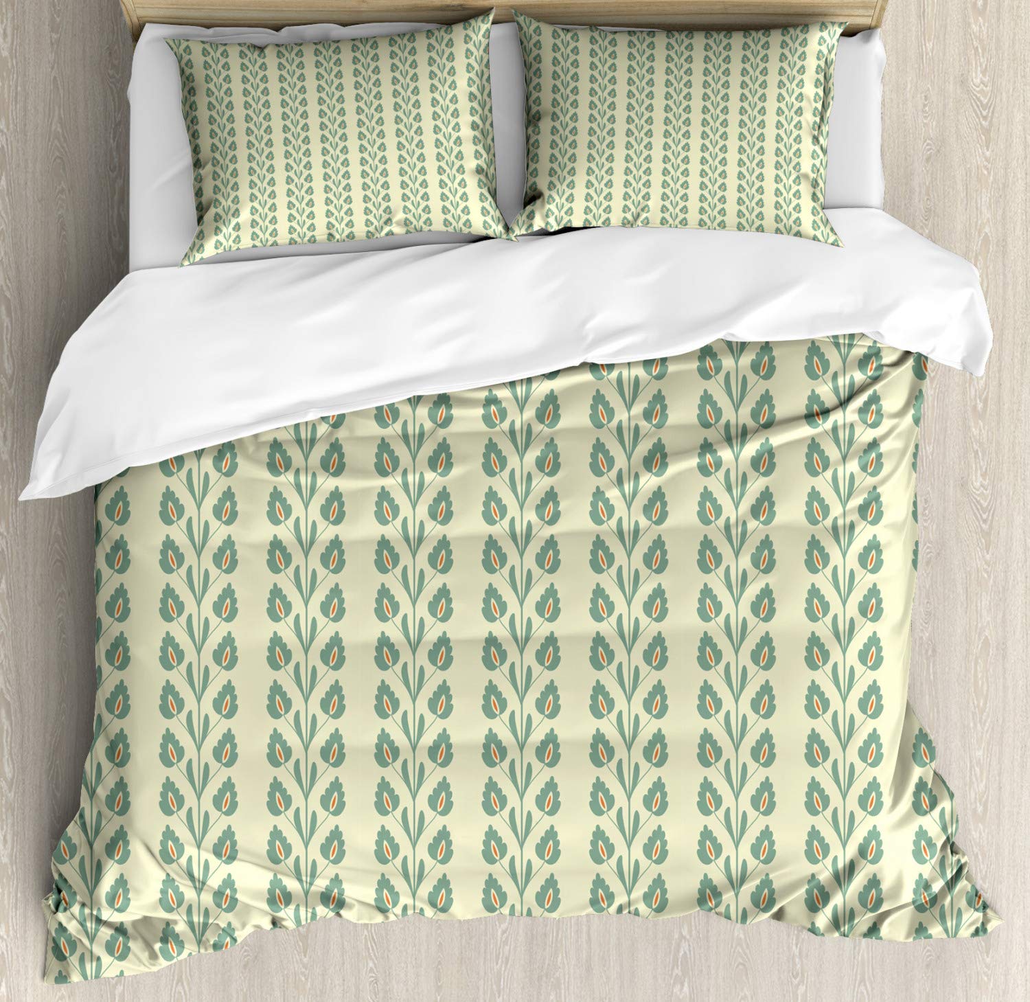 Ambesonne Floral Duvet Cover Set - 2 Pack California King Size with 2 Duvet Covers & 4 Pillowcases - Vertical Wavy Lines & Graphic Flower Branch Pattern in Jade Green & Orange - Perfect for Master Bedroom, Guest Room & Bohemian Home Decor