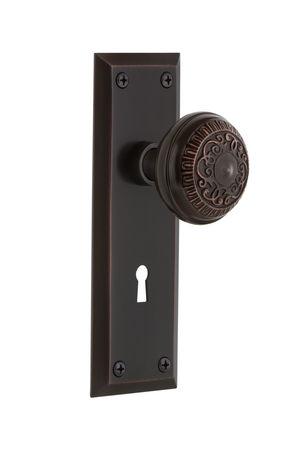 Nostalgic Warehouse New York Plate with Keyhole Single Dummy Egg & Dart Door Knob in Timeless Bronze - Vintage Style Door Hardware for Classic Home Decor & Interior Design