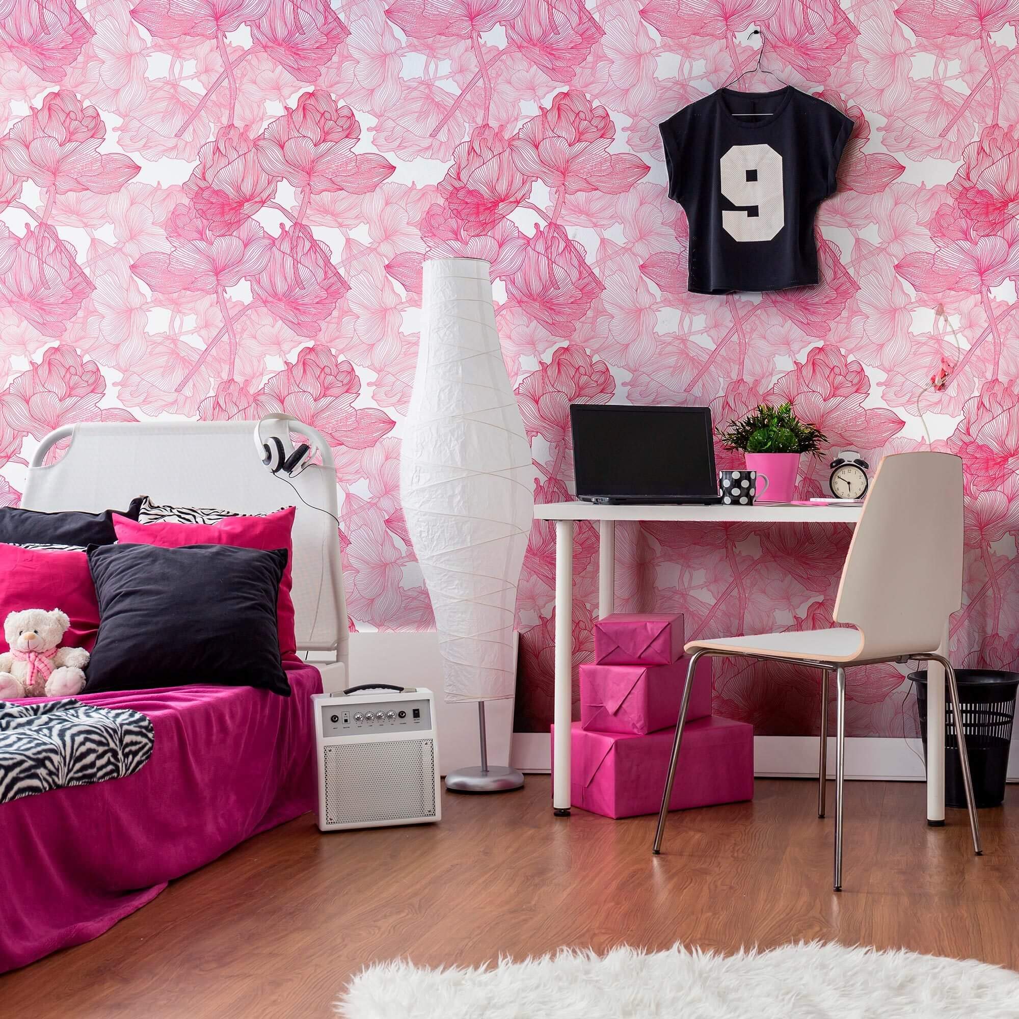 Pink and White Floral Peel and Stick Removable Wallpaper - Self-Adhesive Wall Decal for Bedroom, Nursery, Living Room Home Decor
