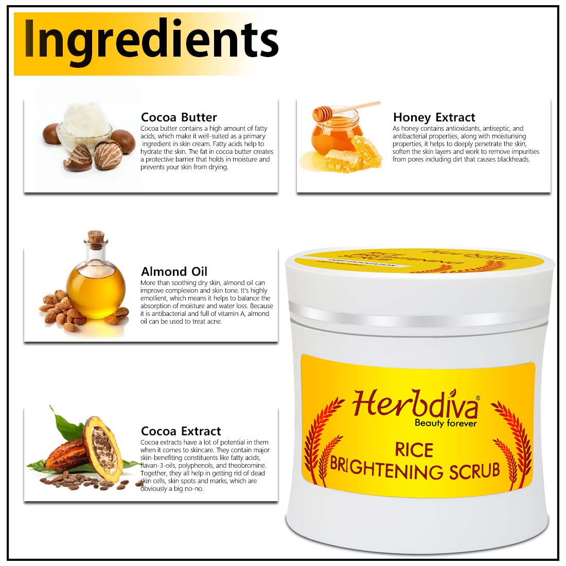 Herbdiva Rice Brightening Scrub 250ml - Enriched with Almond Oil & Shea Butter for Deep Exfoliation & Glowing Skin | Pure Natural Face Scrub for Dark Spots & Dullness | Perfect for Daily Skincare Routine & Spa Treatments