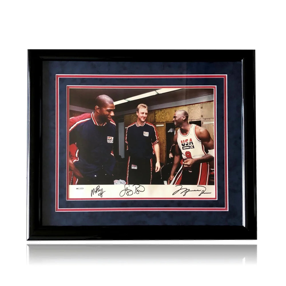 Authentic Michael Jordan Magic Johnson Larry Bird Triple Signed 1992 Dream Team USA Basketball Photo - Framed with UDA COA - Perfect for Sports Memorabilia Collectors and Man Cave Decor
