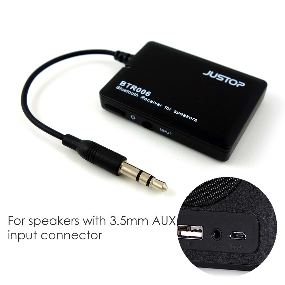 JUSTOP BTR006 Wireless Bluetooth Audio Receiver - 3.5mm Jack, Universal Speaker Adapter, Built-in Rechargeable Battery, Audio Cable & 3.5mm Adapter for Home Stereo, Car Audio, and Portable Speakers