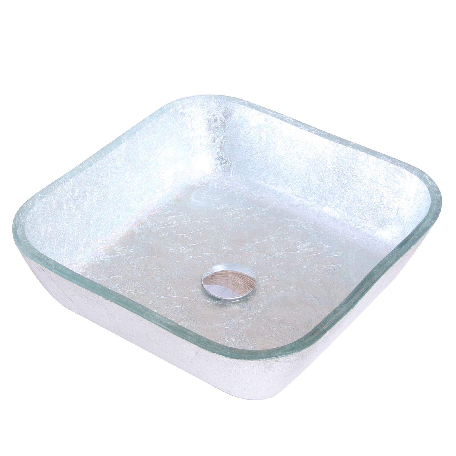 ELITE Crystal Glass Square Artistic Silver Tempered Glass Bathroom Vessel Sink - Modern Vanity Sink for Bathroom Remodel, Powder Room Upgrade & Luxury Home Decor
