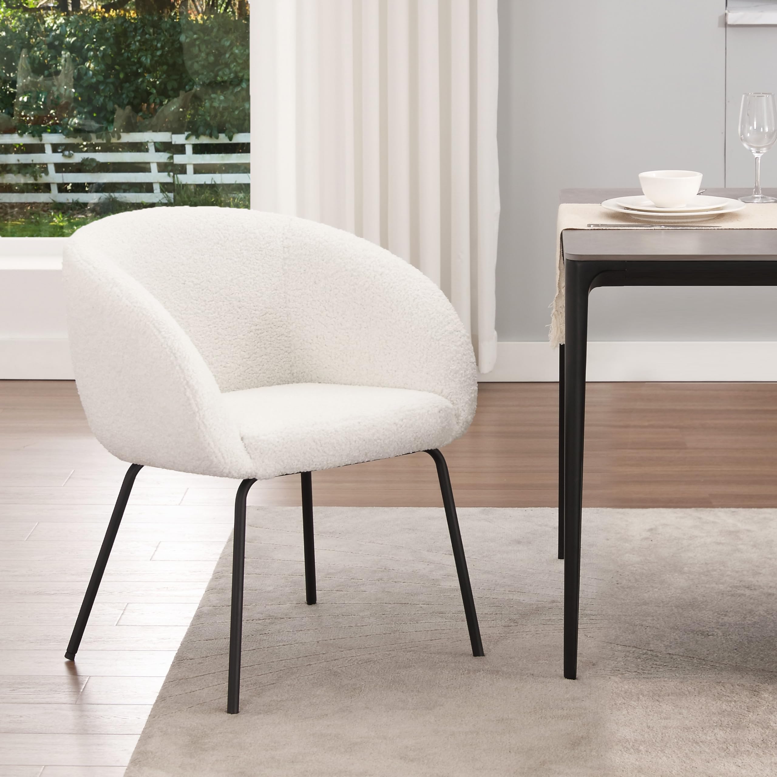 Zesthouse Modern Sherpa Desk Chair with Arms - Upholstered Vanity Chair with Back Support for Makeup, Bedroom, Living Room - Barrel Accent Armchair with Sturdy Metal Legs (No Wheels, White) - Perfect for Home Office, Dressing Room & Cozy Reading Nook
