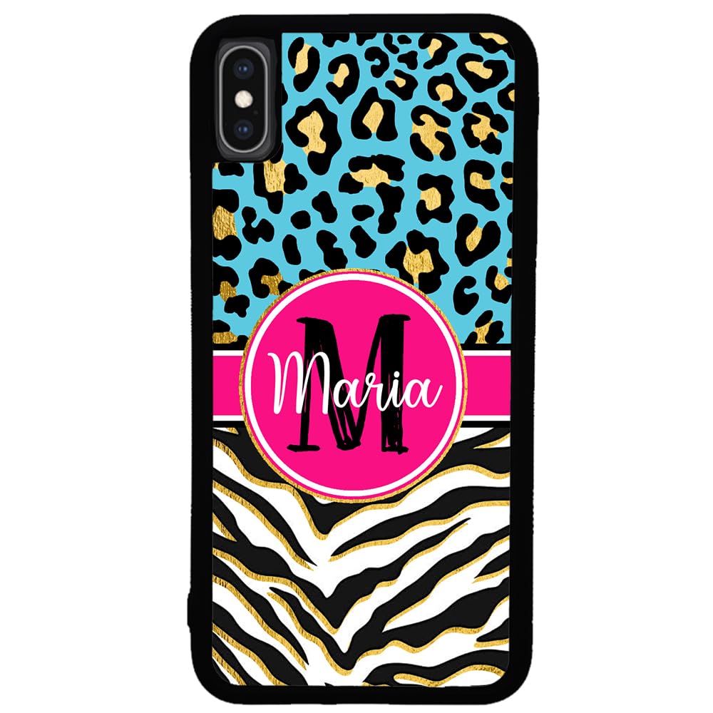 Blue Gold Foil Leopard Zebra Print Personalized Black Rubber Phone Case for Apple iPhone 16/15/14/13/12 Pro Max Plus & 11/X/8/7 Plus - Stylish Protective Cover for Everyday Use, Work & Travel
