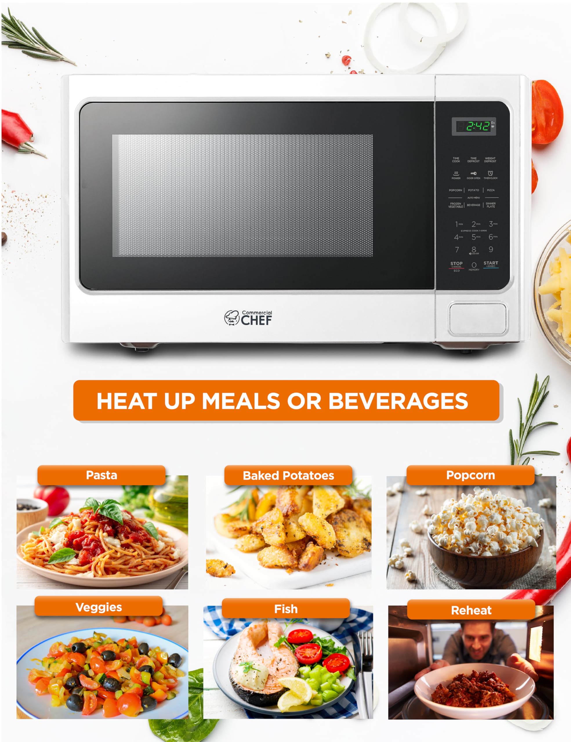 Commercial Chef 1.3 Cu Ft 1000W Countertop Microwave with 10 Power Levels, Push Button Door Lock, Digital Controls & Timer - Perfect for Home Kitchen, Office, Dorm Rooms & Small Spaces (White)