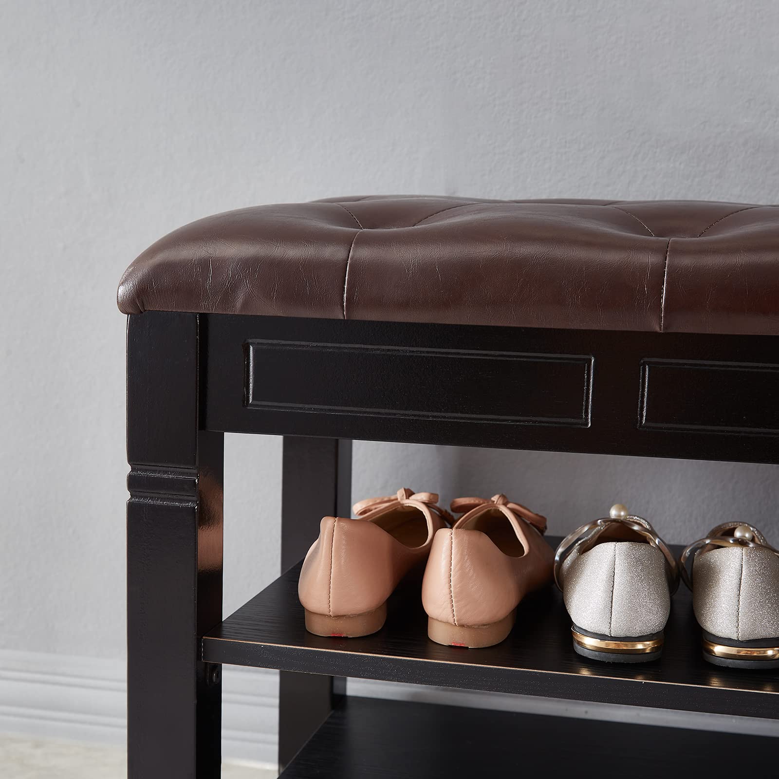 Wooden Shoe Storage Bench with Lift Top & Fiberleather Seat - 2-Tier Entryway Shoe Rack Organizer (31.5x13.8x18.9 Inches, Black) - Perfect for Hallway, Living Room & Mudroom Organization