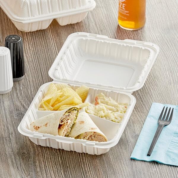 Eco-Friendly 3-Compartment Stackable Meal Prep Containers - 100-Piece Set, Microwave & Soak Safe, BPA-Free - Perfect for Rice, Salad, Yakisoba - Ideal for Restaurants, Meal Prep & Sustainable Living