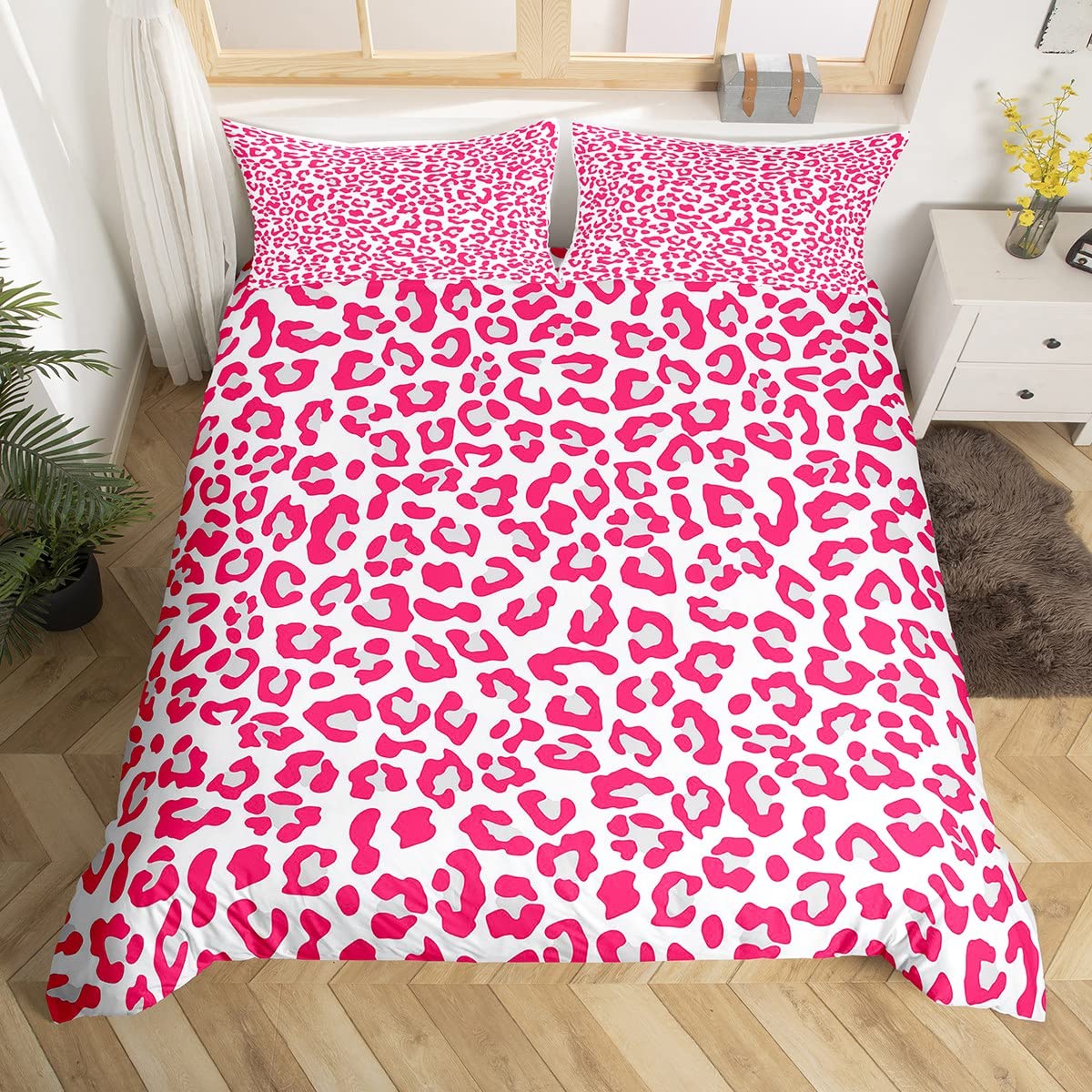 Pink Leopard Print Duvet Cover Set Twin Size - Cheetah Bedding Set 2pcs for Kids & Teens Girls Room Decor - Wild Animal Fur Print Comforter Cover - Romantic Quilt Cover with 1 Pillowcase - Perfect for Jungle Themed Bedrooms & Boho Chic Decor