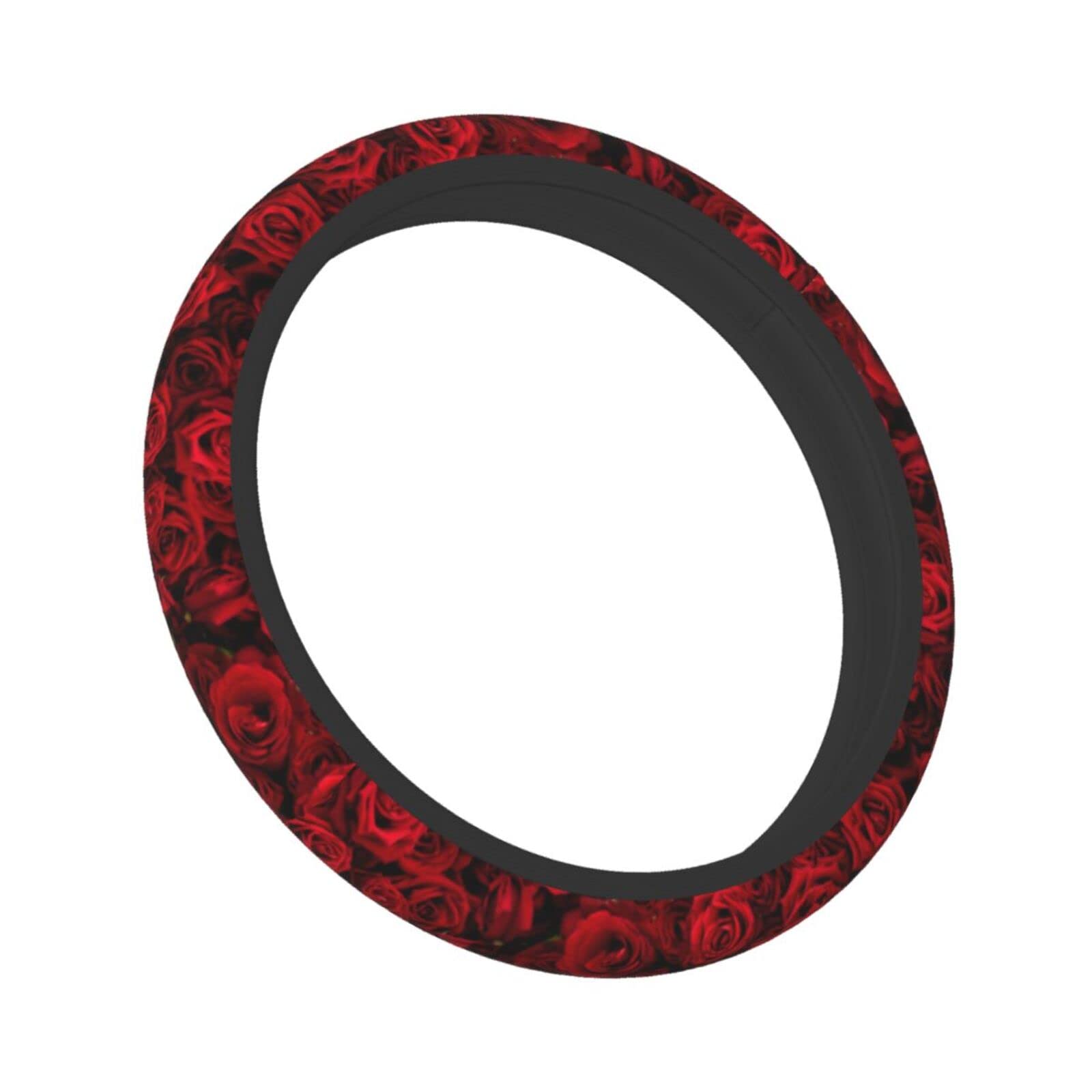 Red Blossom Roses Neoprene Steering Wheel Cover - 15 Inch Universal Fit, Retro Floral Print Car Wheel Protector for Women - Cute Automotive Accessories for Summer Driving & Road Trips