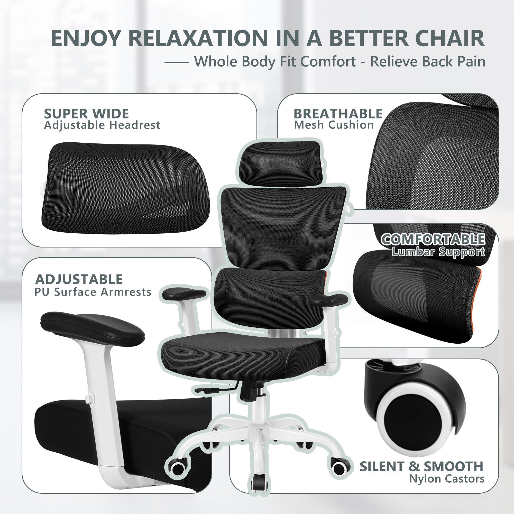 Ergonomic Office Chair with Lumbar Support - High Back Mesh Computer Desk Chair for Home & Gaming - Adjustable Armrests & Reclining Function - Big and Tall Comfortable Chair (Orange) - Perfect for Long Work Hours, Gaming Sessions & Home Office Use