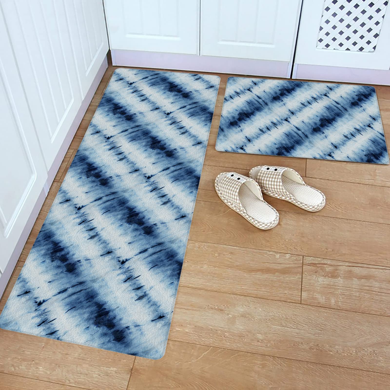 Non-Slip Watercolor Kitchen Mat Set of 2 - Anti-Fatigue Absorbent Cushioned Floor Mats for Kitchen, Living Room & Bedroom - Blue Gradient Tie-Dye Ethnic Design - Perfect for Standing Comfort While Cooking, Decorating Entryways & Protecting Floors