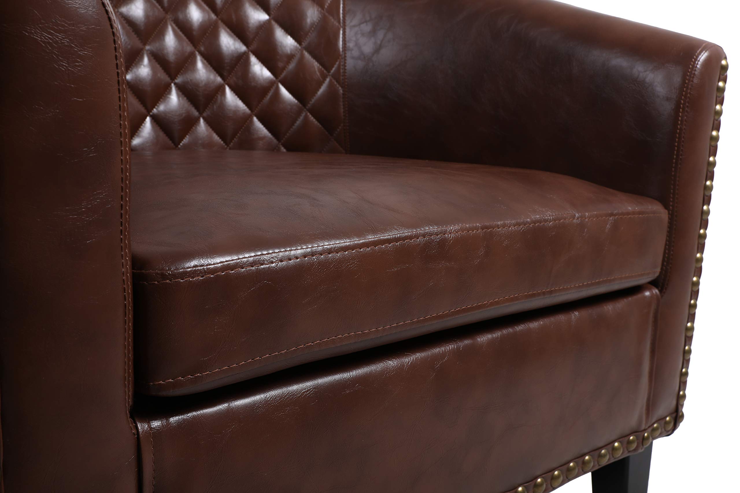 HomVent Brown Faux Leather Barrel Accent Chair - Upholstered Club Chair with Nailhead Trim & Solid Wood Legs - Perfect for Living Room, Bedroom, Home Office & Reception Areas