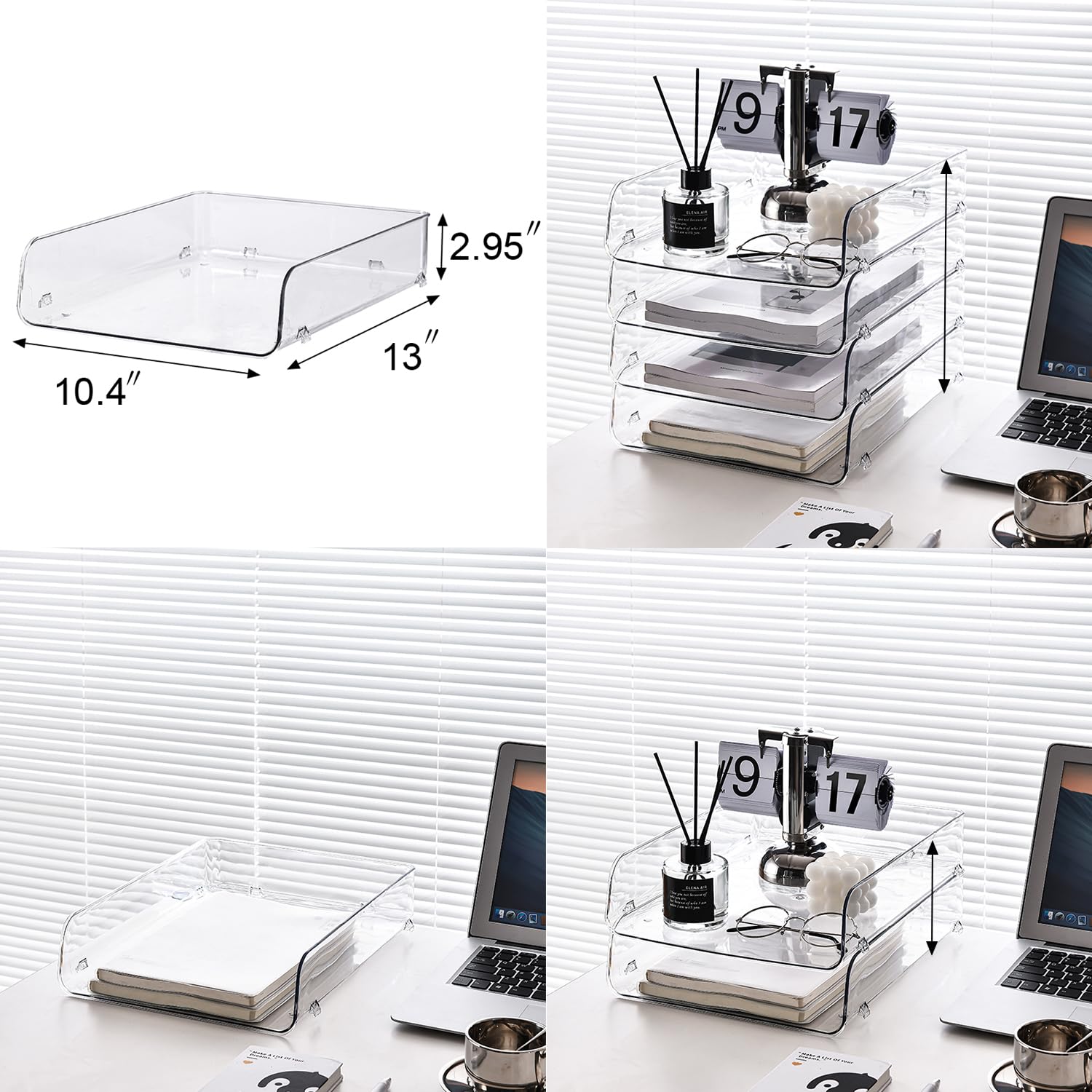 4 Pack Clear Stackable Paper Tray Organizer for Desk - Office Desk Organizer for Notes, Pens, Files & Documents - A4 Paper Holder for Home & Office Workspace Organization