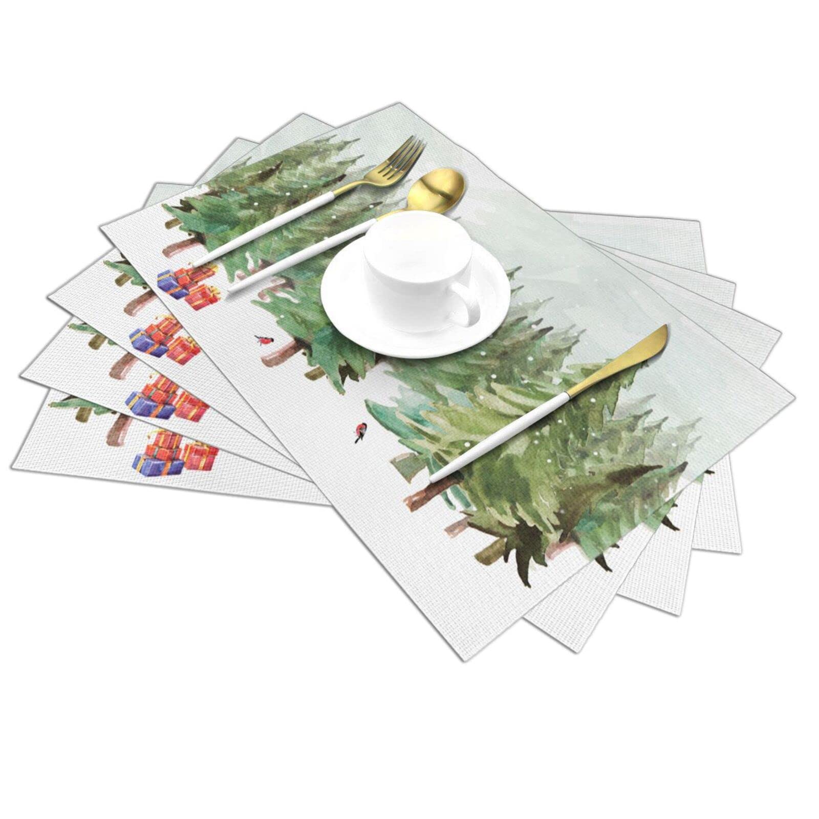 Christmas Pine Forest Placemats Set of 4 - Washable PVC Table Mats for Dining Table, Holiday Decor, Vinyl Woven Place Settings for Christmas Dinner Party & Home Decor