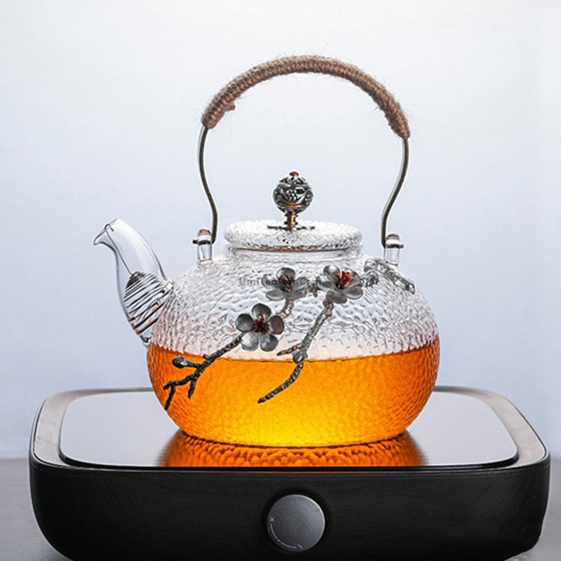 Premium Glass Teapot with Tin Plum Design - Elegant Tea Brewing Pot for Loose Leaf Tea, Herbal Tea & Blooming Tea - Perfect for Home, Office & Gift Giving