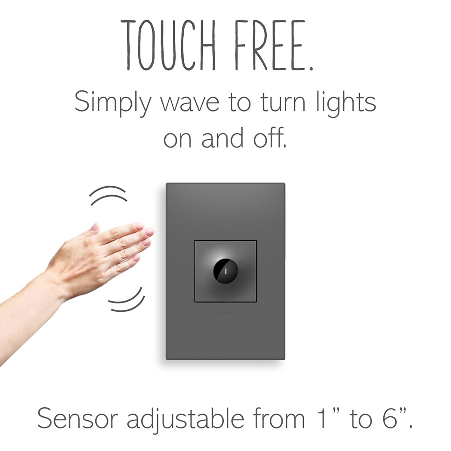 Legrand Adorne 15A Touchless Wave Light Switch with Matching Wall Plate (Magnesium Finish) - ASWV1532M2 - Hands-Free Lighting Control for Bathrooms, Kitchens & Smart Homes