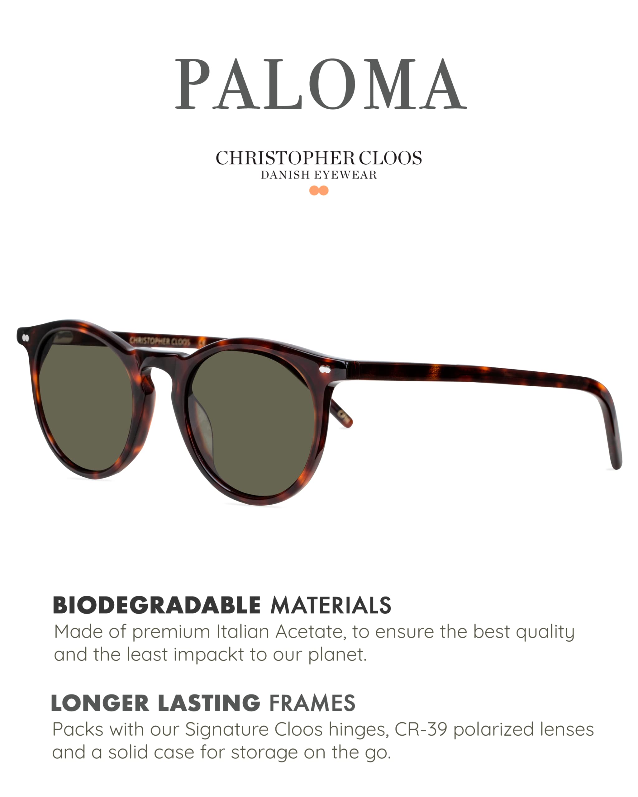 Christopher Cloos Paloma Espresso Round Polarized Sunglasses for Men & Women - UV400 Protection Unisex Fashion Shades with Case - Perfect for Driving, Beach & Outdoor Activities