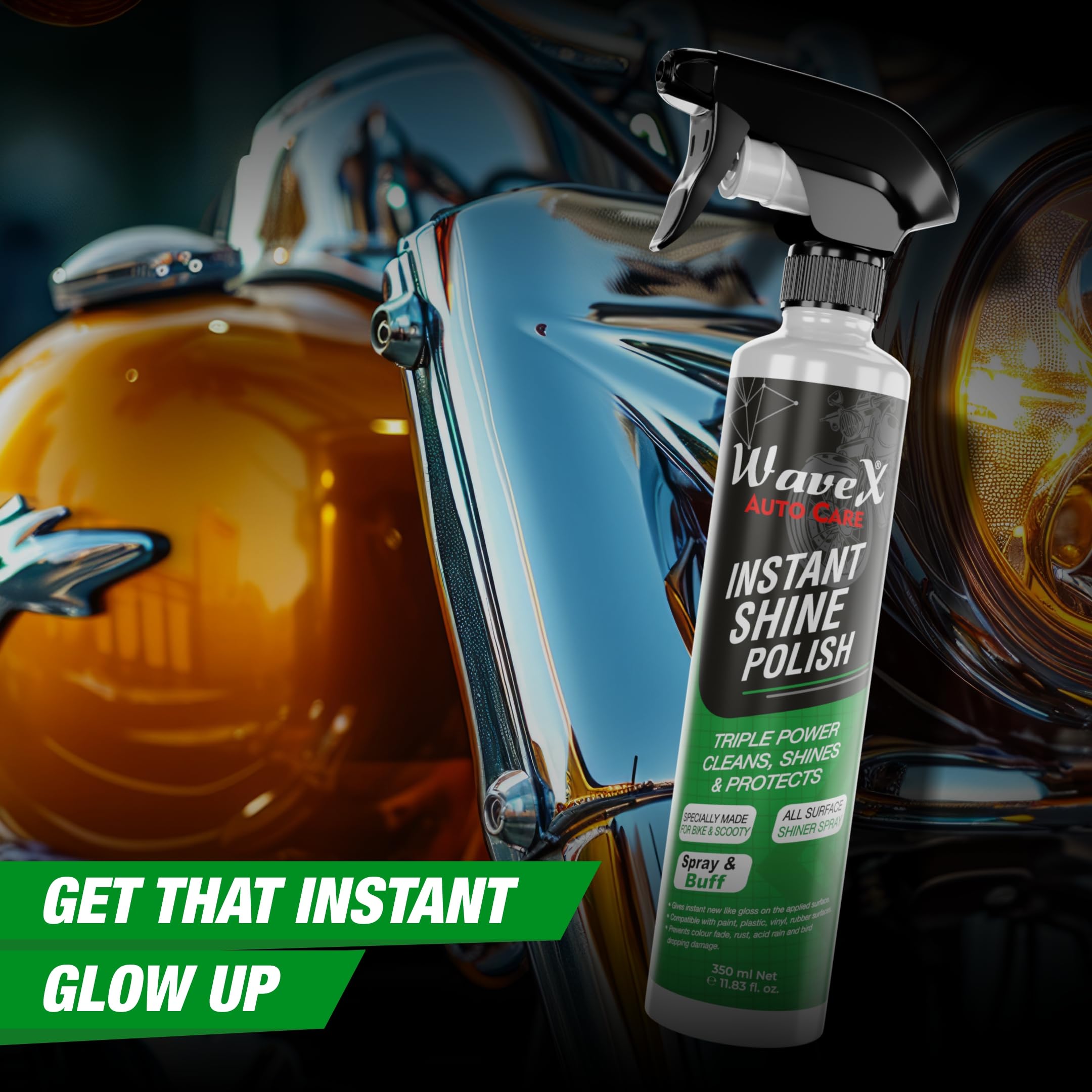 Wavex Bike Cleaning Kit - 350ml Instant Shine Bike Polish & 350ml Metal Polish for Chrome | Clean, Shine & Protect Your Bicycle (Set of 2) | Perfect for Road Bikes, Mountain Bikes & Motorcycle Maintenance