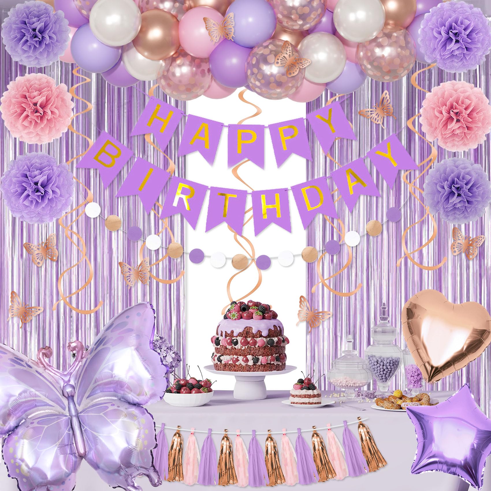 Elegant Purple Pink Birthday Party Decorations for Women & Girls - Butterfly Confetti, Rose Gold Lavender Balloons, Happy Birthday Banner, Fringe Curtains | Perfect for 30th, 40th, 50th Birthday Celebrations, Baby Showers & Bridal Showers
