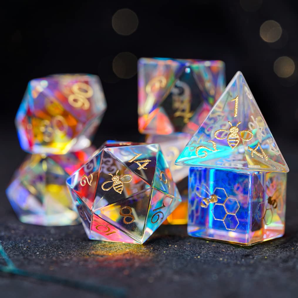 Premium DND Dice Set - 7-Piece Crystal Polyhedral Dice with Bee Theme for Dungeons & Dragons, TRPG, RPG Tabletop Games | Perfect for Gifts, Collectors & Role-Playing Adventures