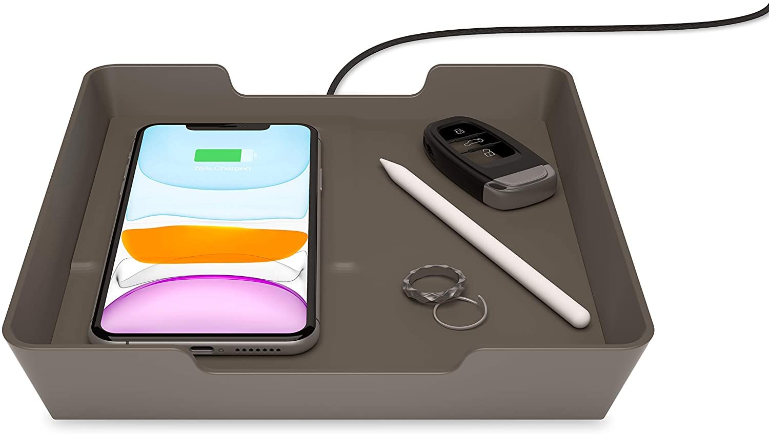 EINOVA Valet Tray with 10W Fast Wireless Charger - Premium Leather Organizer for iPhone 8/11/12 Series, Galaxy S8/S9/S9+, AirPods | 5W USB-A Port | Bronze Finish | Perfect for Nightstand, Dresser & Entryway Organization