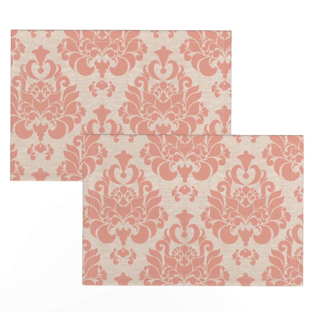 Premium Linen Cotton Canvas Placemats Set of 2 - Victorian Pink Damask Baroque Design for Dining Table Decor, Kitchen, Party & Home Decor