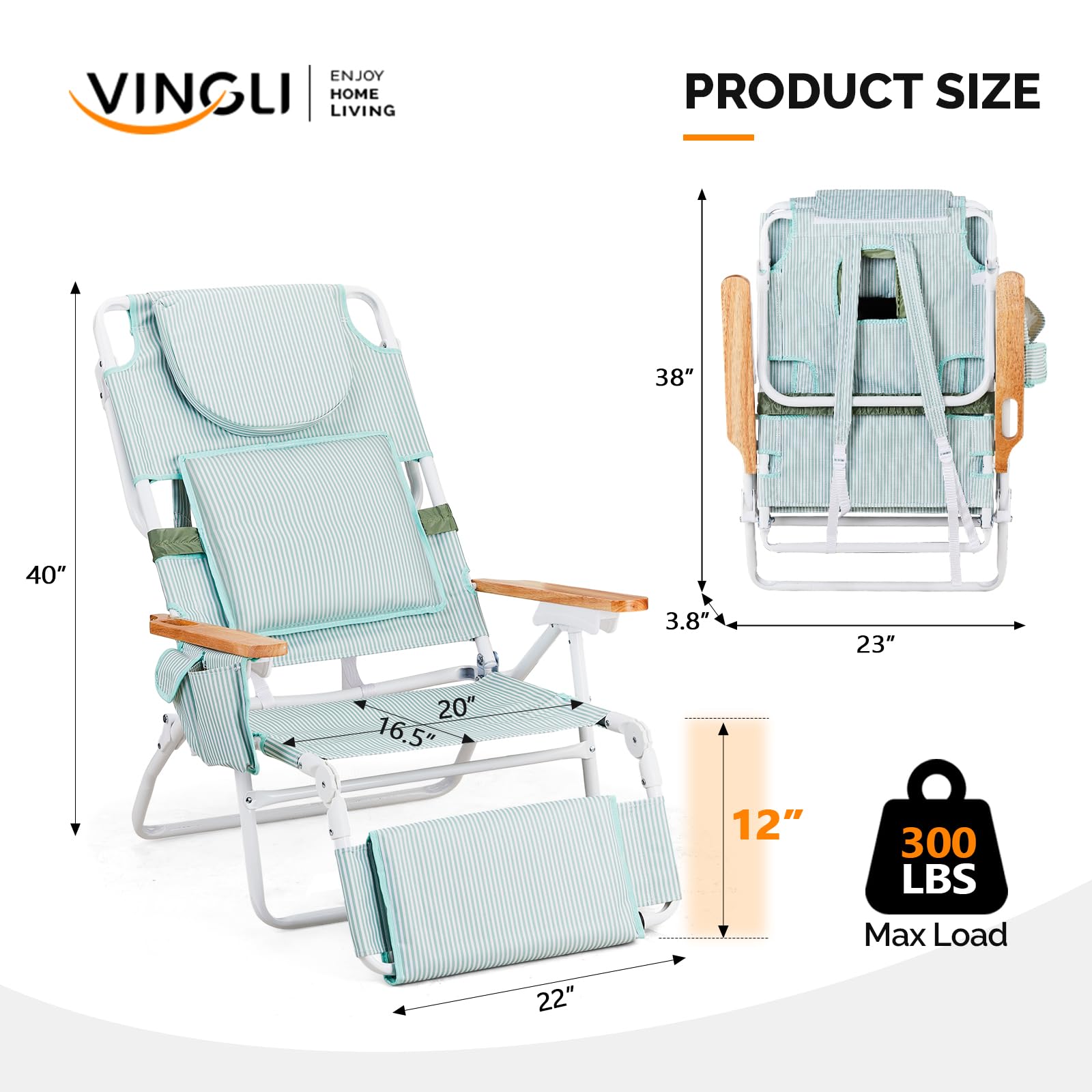 VINGLI Deluxe 3-in-1 Beach Chair with Face Hole - Portable Reclining Lounge Chair with Footrest, Cup Holder & Storage Bag - Perfect for Beach, Poolside, Camping & Backyard Relaxation