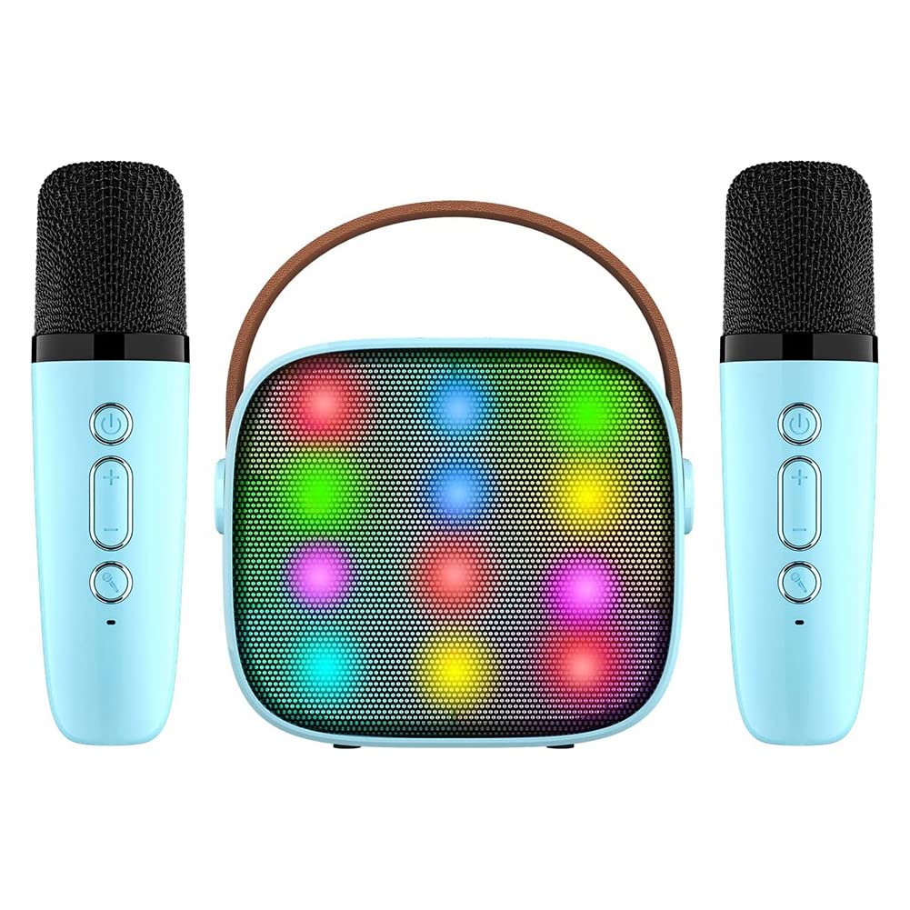 Carrub Mini Karaoke Machine with 2 Wireless Microphones - Portable Bluetooth Speaker for Kids & Adults - 18 Pre-Loaded Songs - Perfect for Parties, Family Gatherings & Home Entertainment (Blue)
