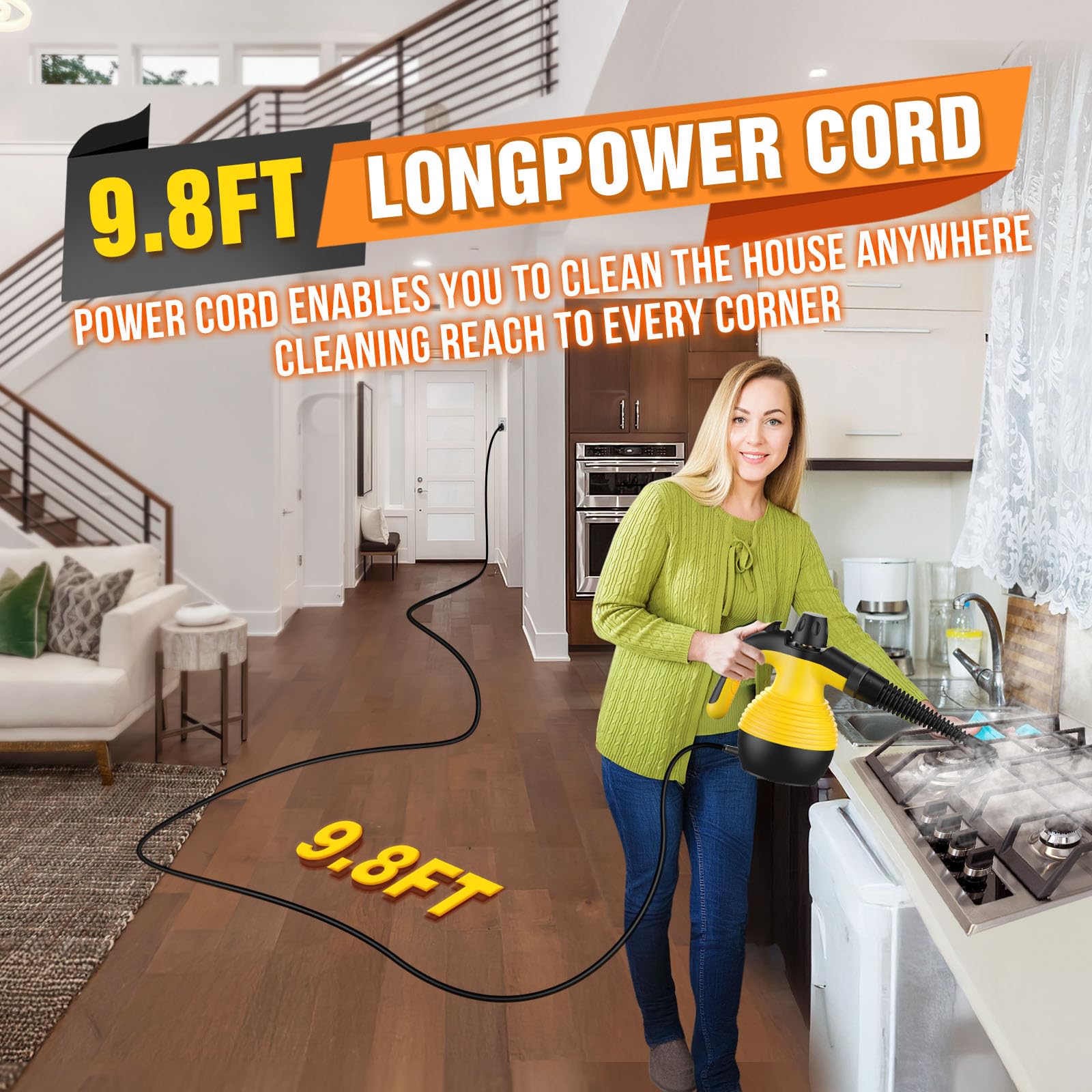 Handheld Pressurized Steam Cleaner with 9-Piece Accessories Kit - Multi-Surface Steamer with Safety Lock & 12.8oz Large Water Tank - Perfect for Upholstery, Grout, Floors, Cars & Home Cleaning - Ideal for Deep Cleaning Kitchens, Bathrooms, Garages & Auto Detailing