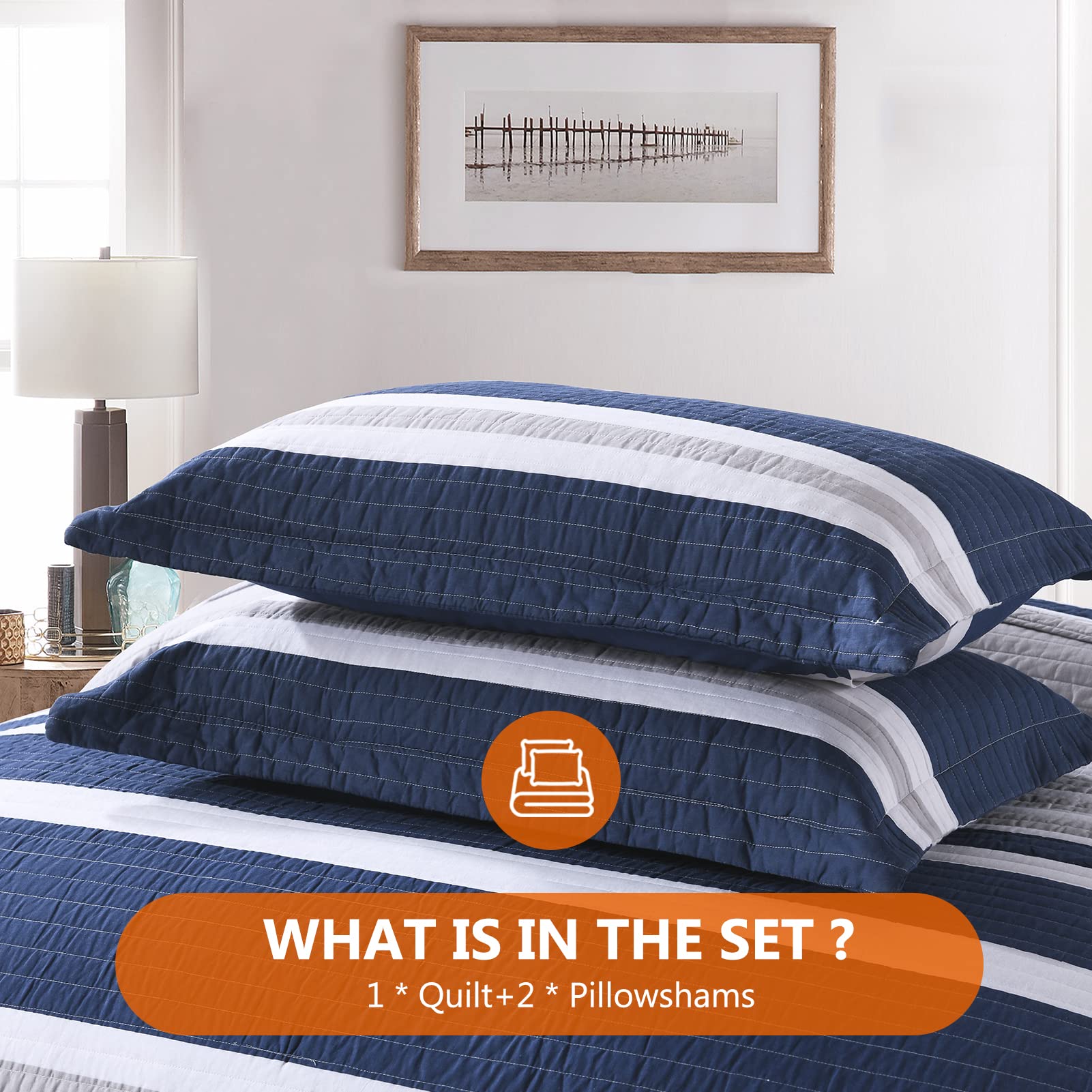 King Size Quilt Set - 100% Cotton Reversible Lightweight Bedspread for King Bed | 3-Piece Striped Quilted Bedding Set in Navy Blue | Perfect for All-Season Comfort in Bedroom, Guest Room & Dorm