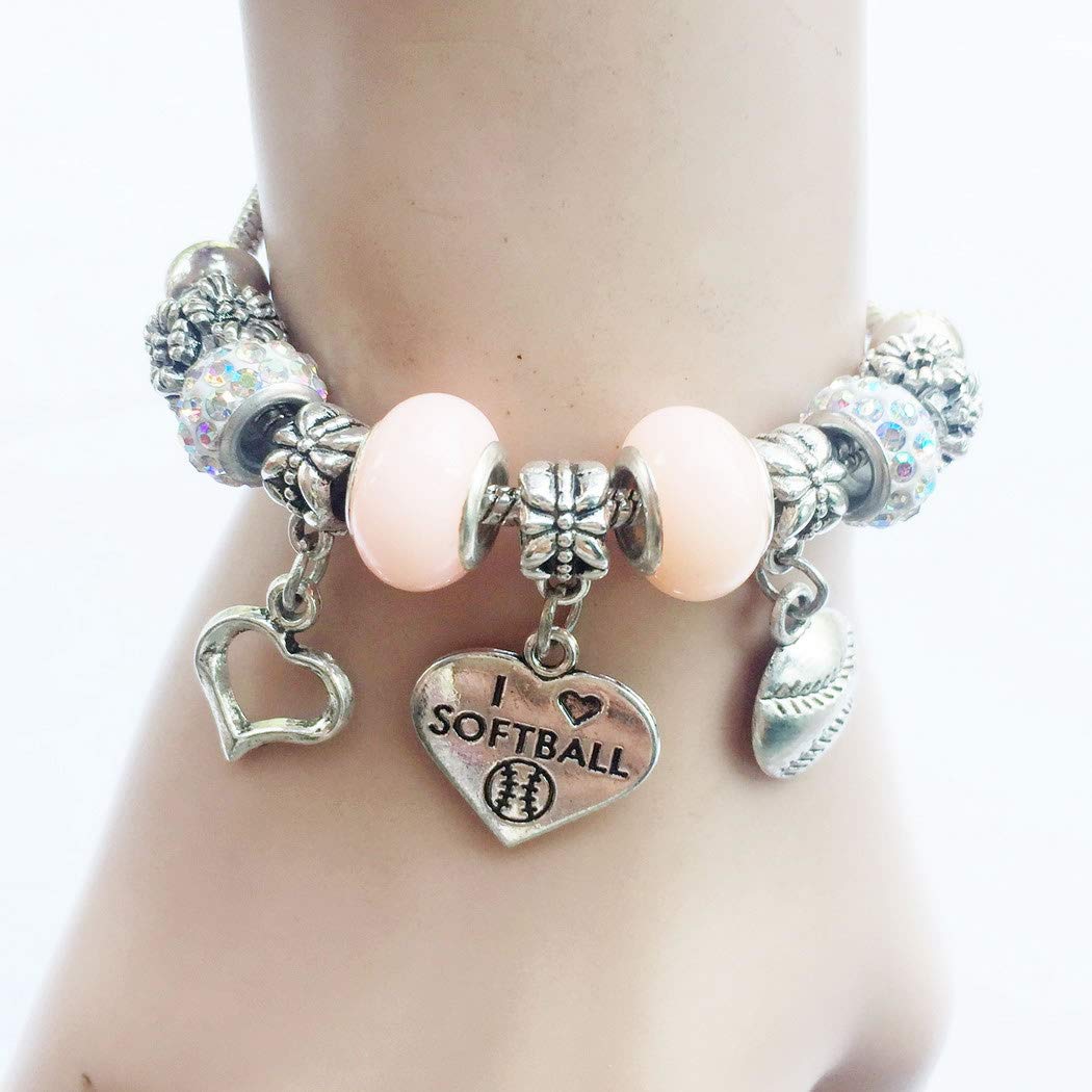 Handmade European Crystal Heart Beads Sports Charm Bracelet - Perfect for Gymnastics, Volleyball, Football, Basketball, Baseball Players & Fans - Unique Gift for Teams, Lovers & Friendship Jewelry - Ideal for Game Days, Sports Events & Special Occasions