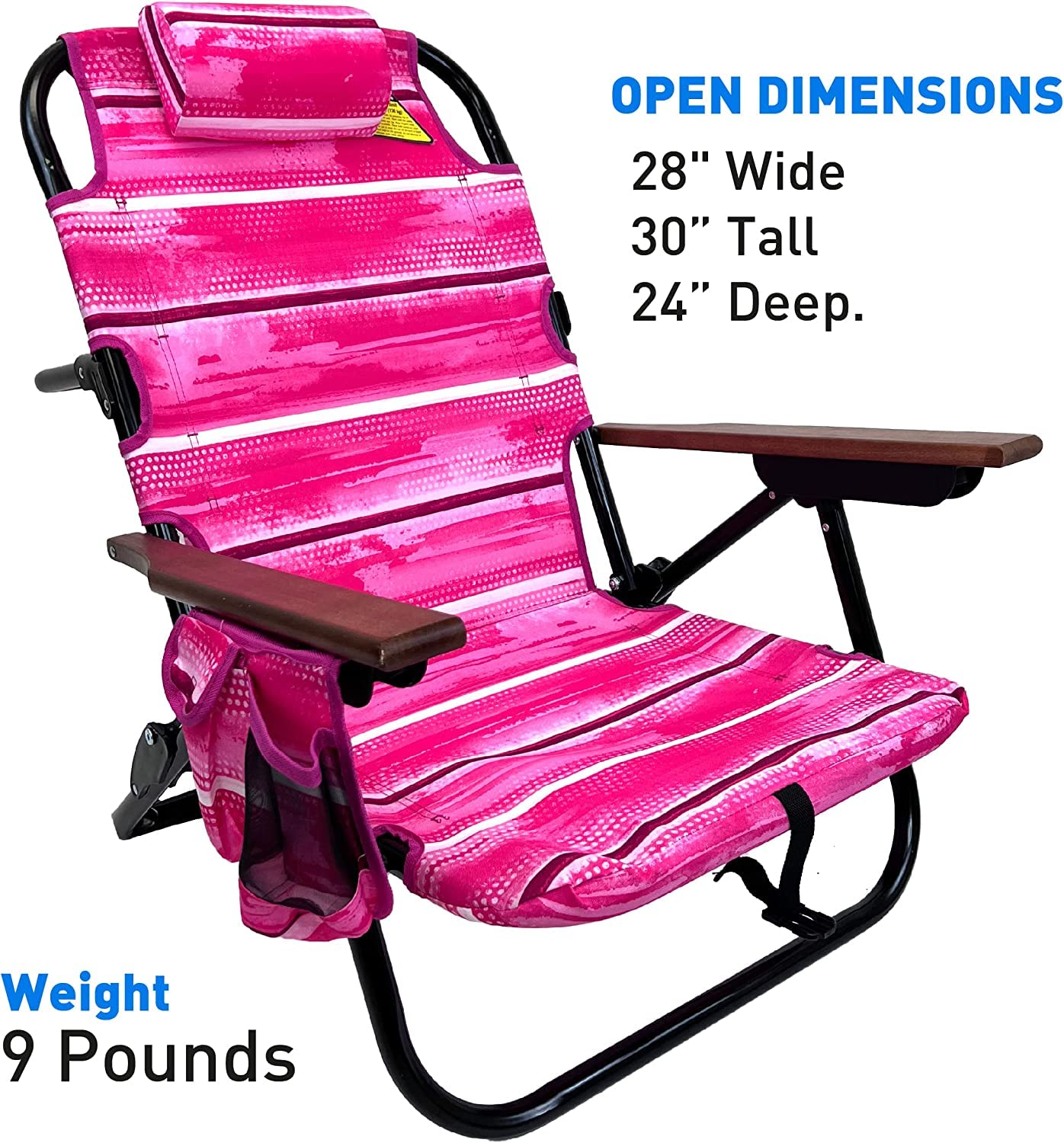 Lightweight Rustproof Aluminum Beach Chair with 5 Reclining Positions - Backpack Design, Side Cup Holder & Storage Pouch, Padded Pillow - Portable Folding Chair for Beach, Camping, Picnics & Outdoor Activities (2 Pack, Pink & Blue)