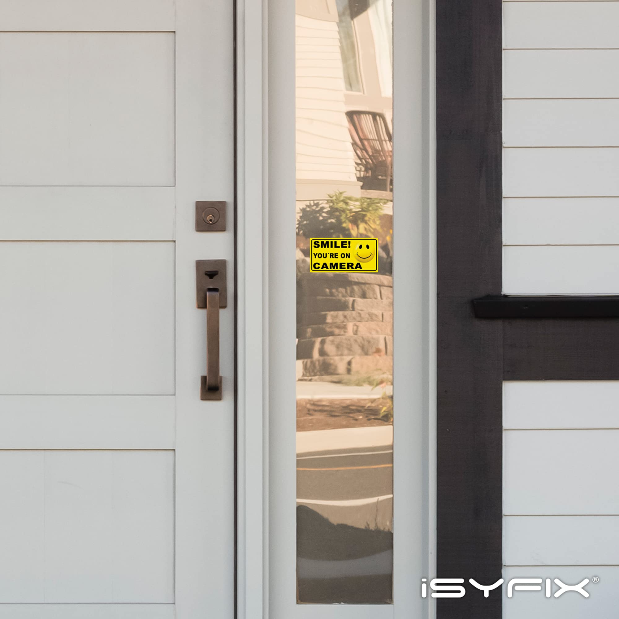 iSYFIX Smile You're On Camera Reflective Security Stickers - 6 Pack (4x2 Inch) - UV, Weather & Scratch Resistant - Durable Home & Business CCTV Warning Signs for Enhanced Security (Perfect for Doors, Windows & Driveways)