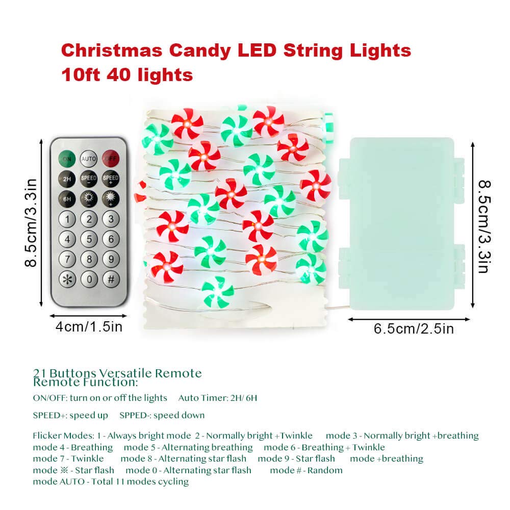 Christmas Candy String Lights 10ft - 30LED Red & Green Battery Fairy Lights with Remote for Bedroom, Party & Outdoor Decor