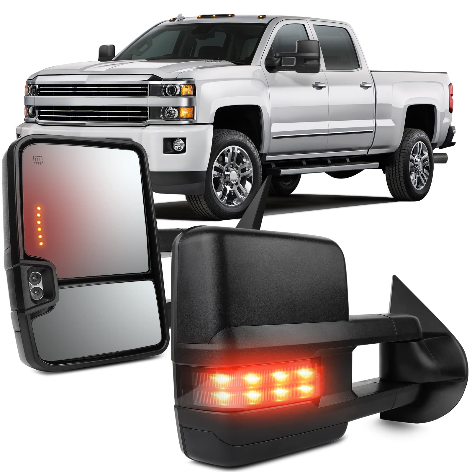 OCPTY Power Heated Towing Mirrors with LED Turn Signal - Compatible with 2003-2006 Chevy, GMC Sierra, Yukon XL, Yukon Denali & Cadillac Escalade Pickup Trucks - Perfect for Towing, Off-Roading & Enhanced Visibility