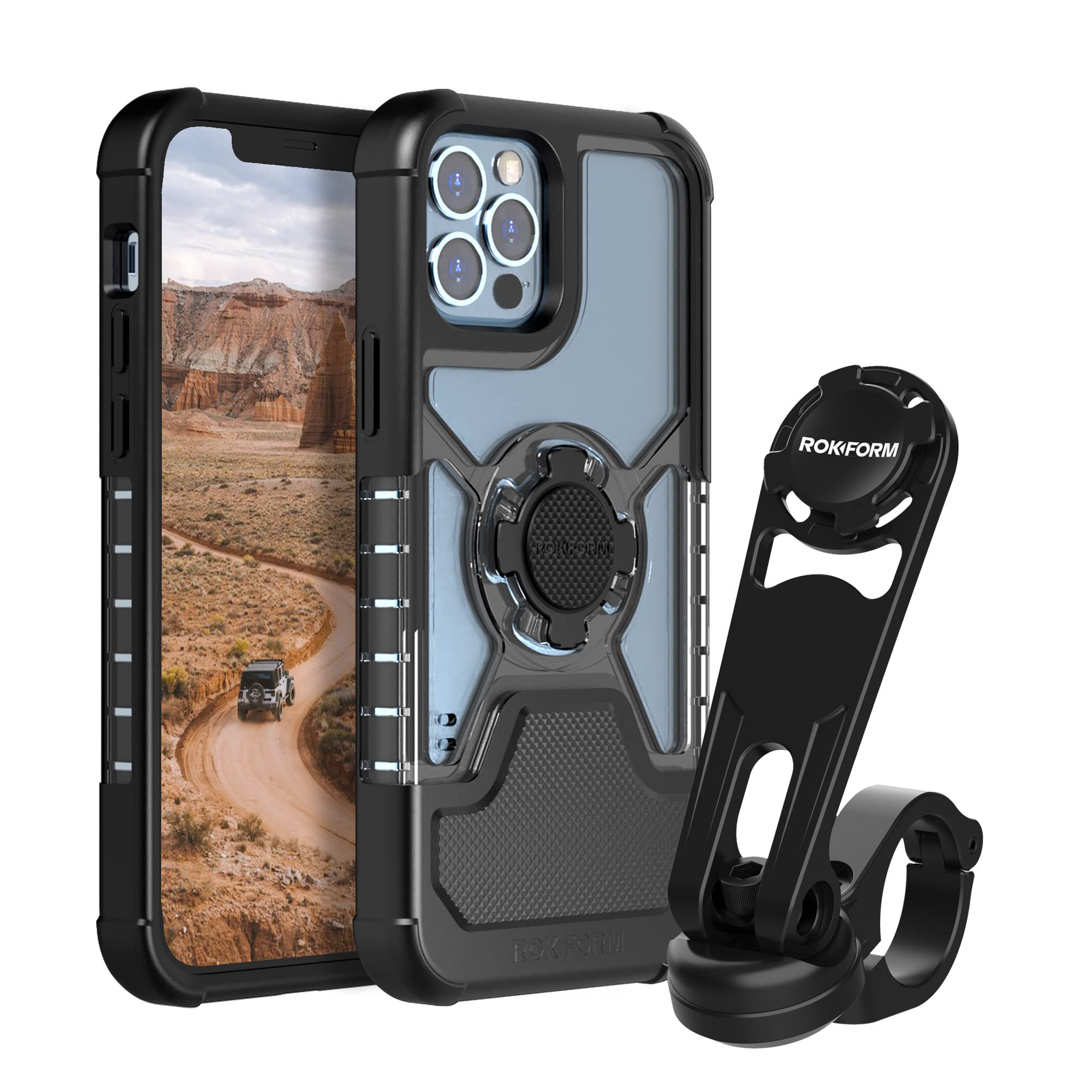 Rokform Crystal Clear Case for iPhone 12 Pro & iPhone 12 with Motorcycle Handlebar Mount - Shockproof Protective Cover for Bike Riding, Commuting & Outdoor Adventures