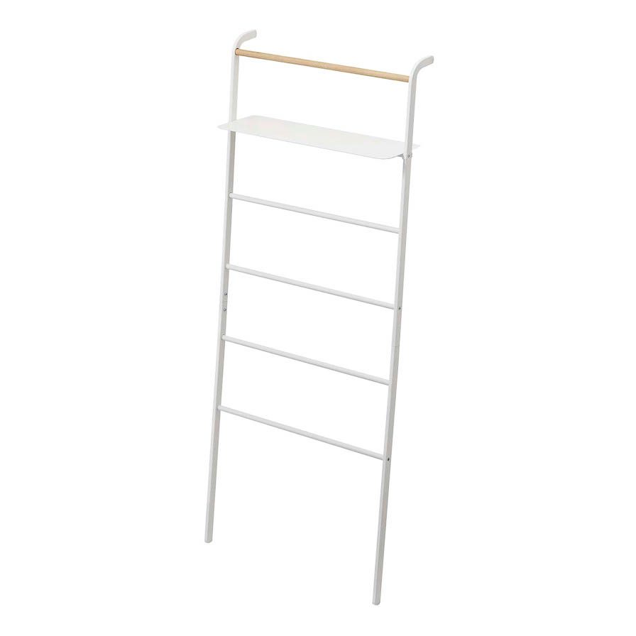 Adjustable White YAMAZAKI Tower Leaning Ladder Shelf - Space-Saving Storage Solution for Bathroom, Kitchen, or Bedroom Organization