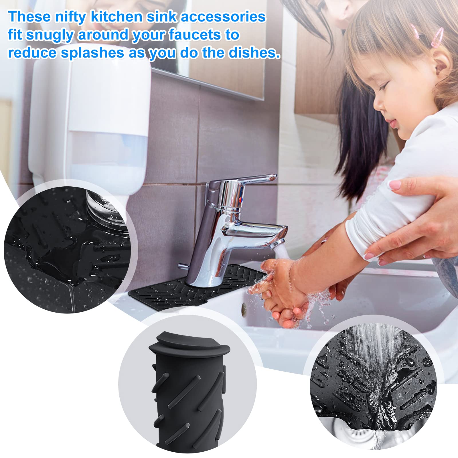 2 Pack Silicone Kitchen Sink Splash Guard - Non-Slip Faucet Splash Catcher & Draining Pad for Kitchen, Bathroom, Bar, RV - Perfect for Washing Dishes, Food Prep & Handwashing to Keep Countertops Dry