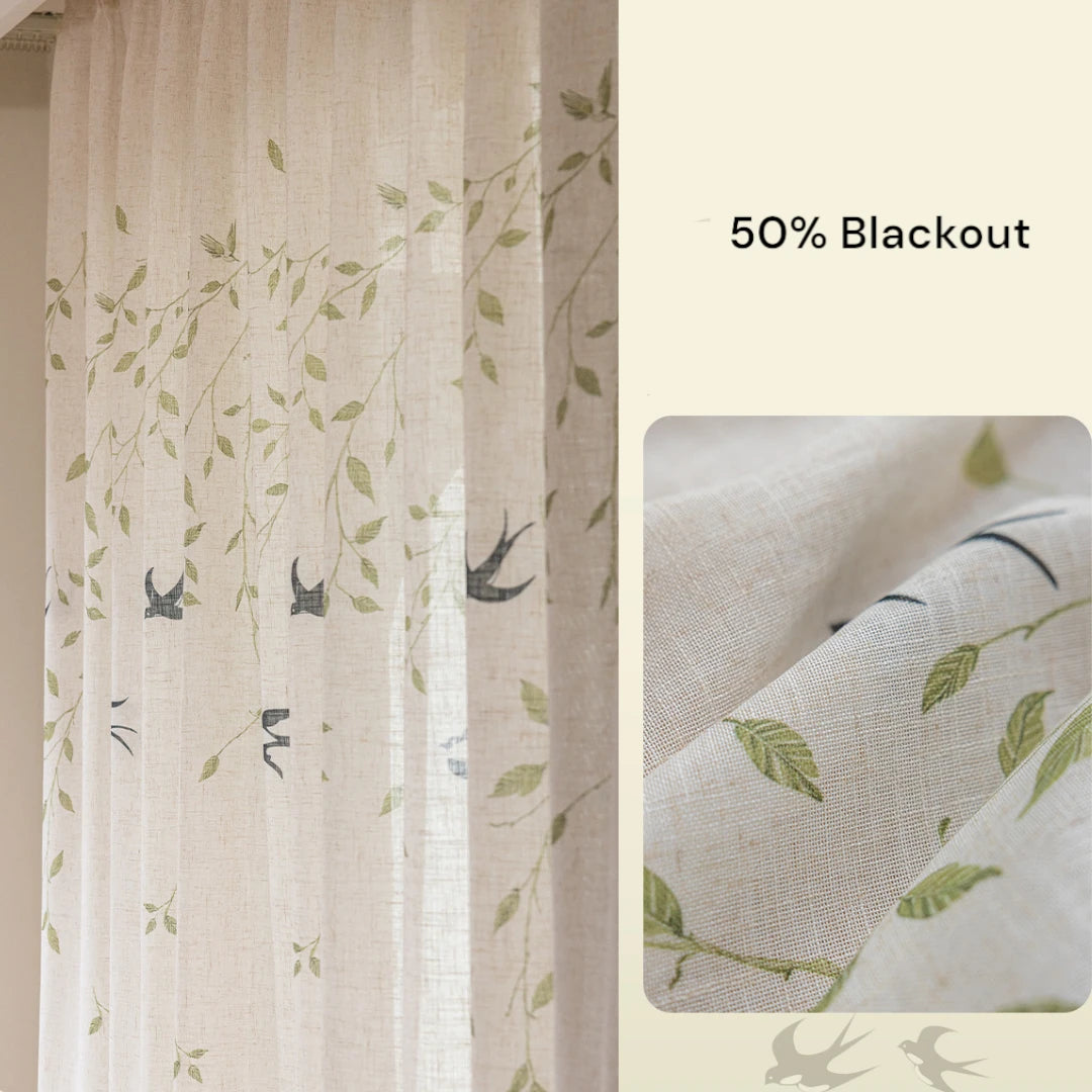 Lisa Serene Swallow Botanical Semi-Sheer Custom Curtains - Elegant Window Treatments for Living Room, Bedroom & Nursery Decor