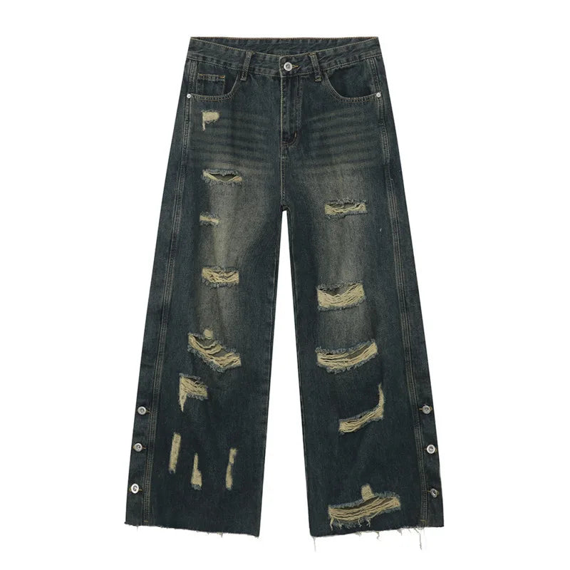 American Style Men's Jeans - Solid Color Distressed Denim Pants with Raw Edge & Wide Leg Design | Casual Straight Fit Loose Comfortable Male Trousers | Perfect for Streetwear, Daily Wear & Urban Fashion Outfits