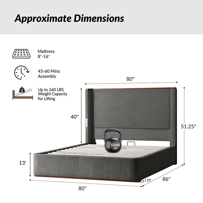 Thaine Hydraulic Storage Bed with LED Lighting & USB Charging Ports - Space-Saving Bed Frame with Underbed Storage for Small Apartments & Dorms