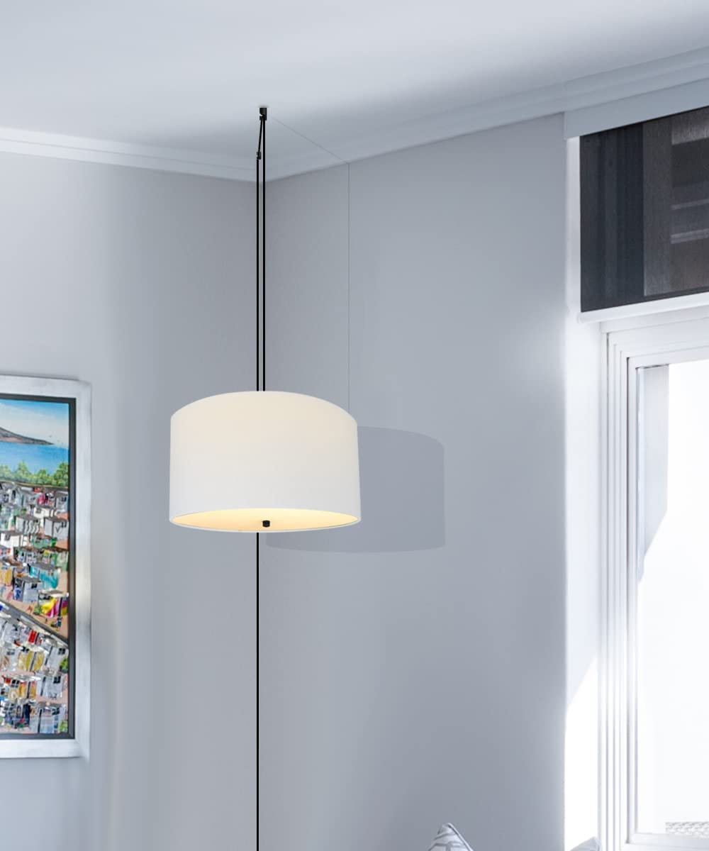 HomeConcept 2-Light Plug-in Swag Pendant with White Linen Drum Shade & Diffuser - 16 Inch Black Cord for Kitchen Island, Dining Room, or Bedroom Lighting