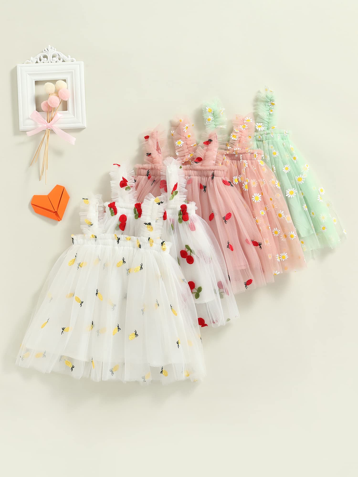 Infant Toddler Baby Girl Summer Dress - Sleeveless Floral Fruit Embroidery Casual Mesh Tutu Puff Dress for Playdates, Beach Outings & Birthday Parties