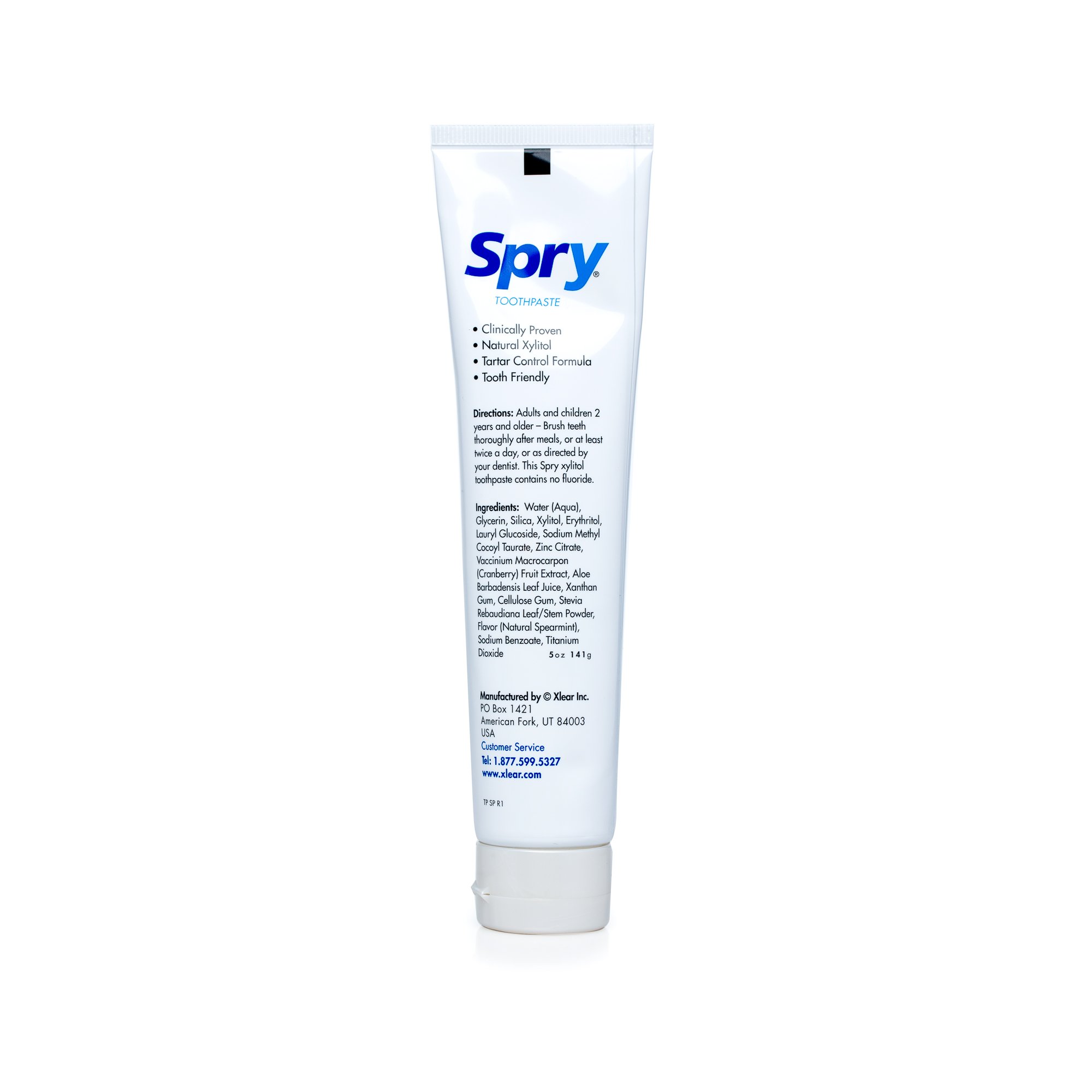 Spry Xylitol Toothpaste 5oz - Fluoride Free Natural Toothpaste for Adults & Kids, Teeth Whitening & Breath Freshening with Spearmint Flavor | Moisturizing Oral Care for Fresh Mouth | Perfect for Daily Use, Travel & Family Oral Hygiene